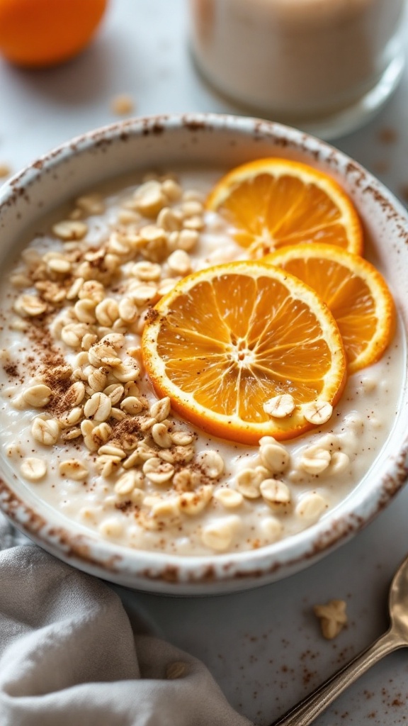 Bowl of spiced orange overnight oats topped with orange slices.