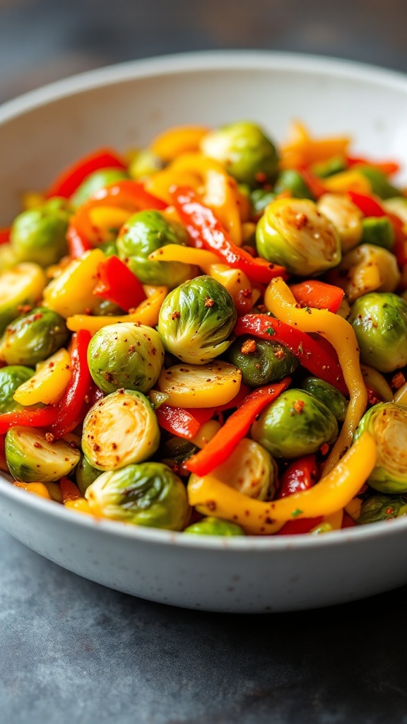 A colorful stir-fry featuring Brussels sprouts and bell peppers in a skillet.