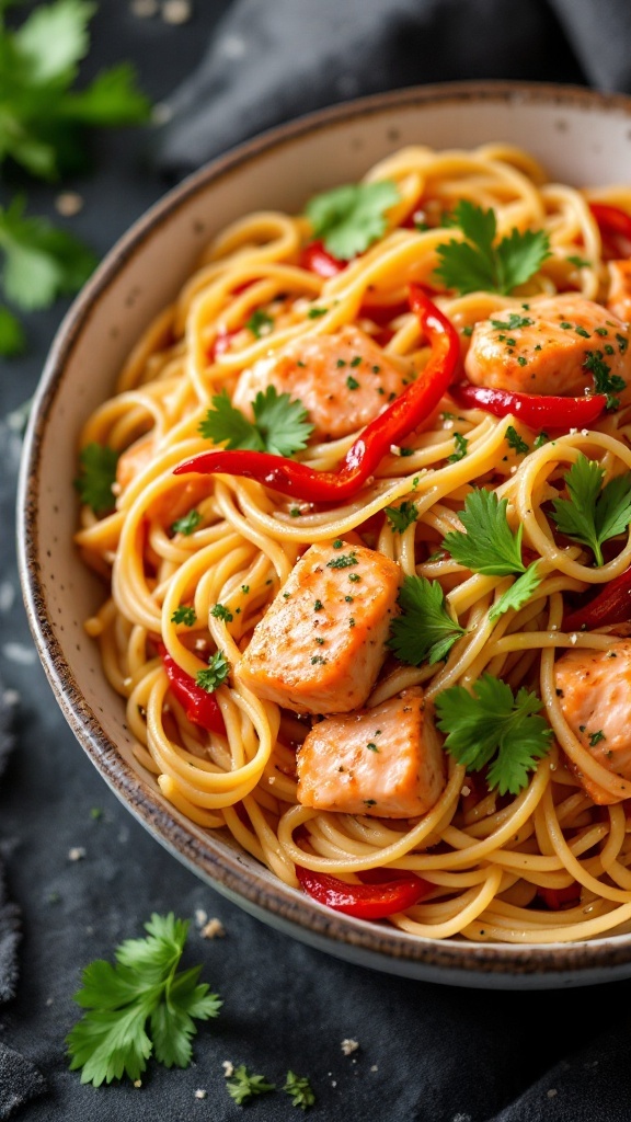 Spicy Cajun Salmon Linguine with red bell peppers and parsley