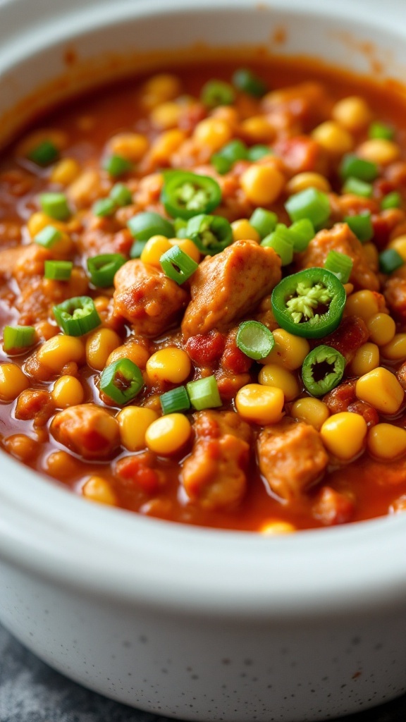 A bowl of spicy chicken chili with corn, topped with green onions.