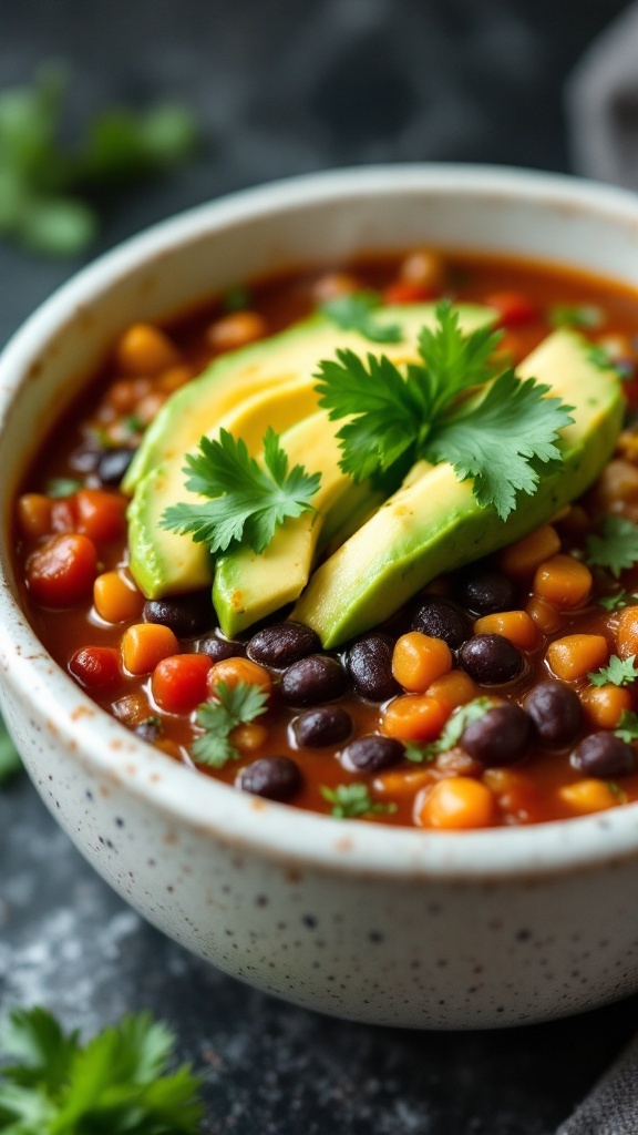 A bowl of spicy chili with black beans and toppings