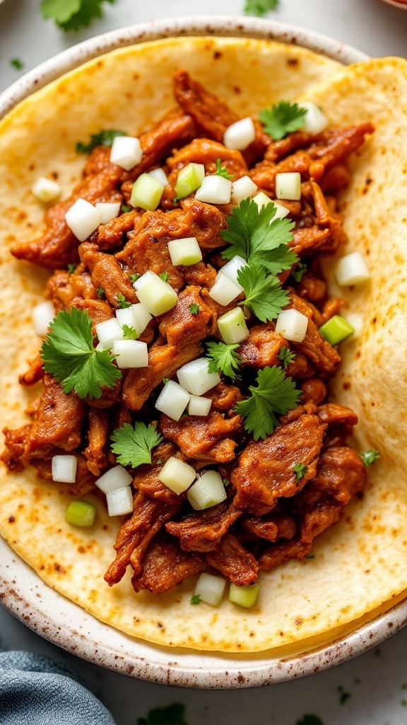 A plate of spicy chipotle pork carnitas served in a tortilla with toppings.