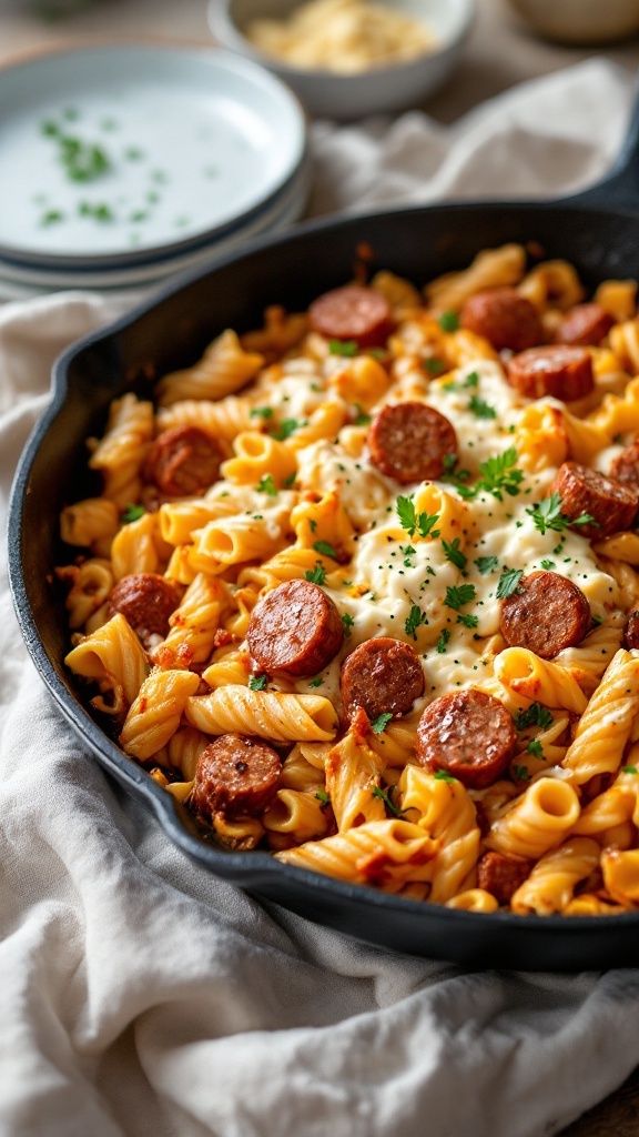 A delicious spicy cottage cheese and sausage pasta bake served in a skillet.