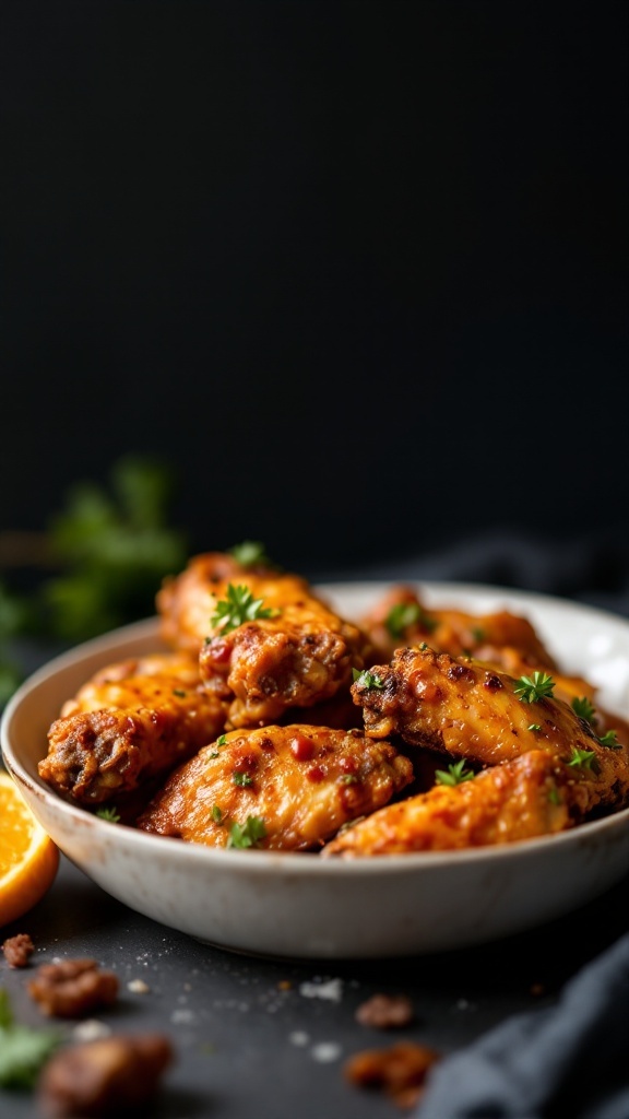 Delicious spicy garlic air fryer chicken wings served in a bowl, garnished with fresh parsley.