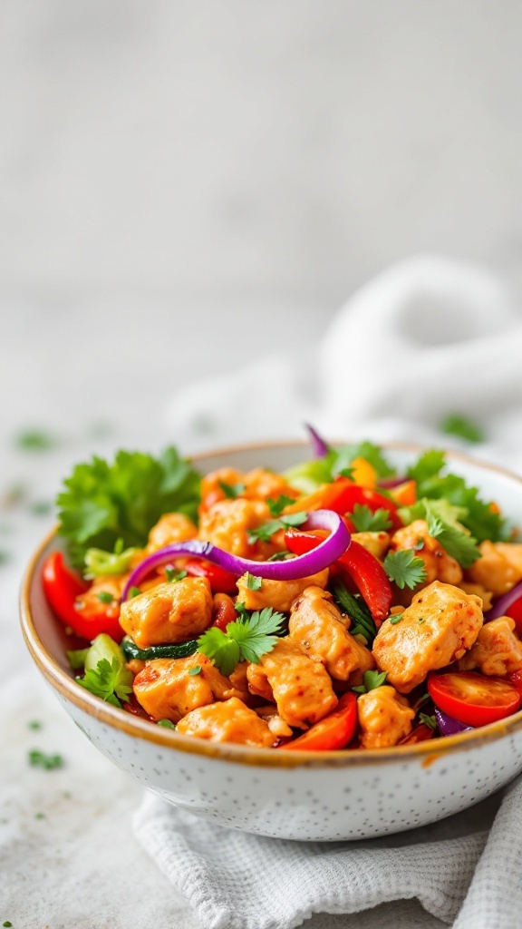 A colorful bowl of spicy gochujang chicken stir-fry with vegetables and cilantro.
