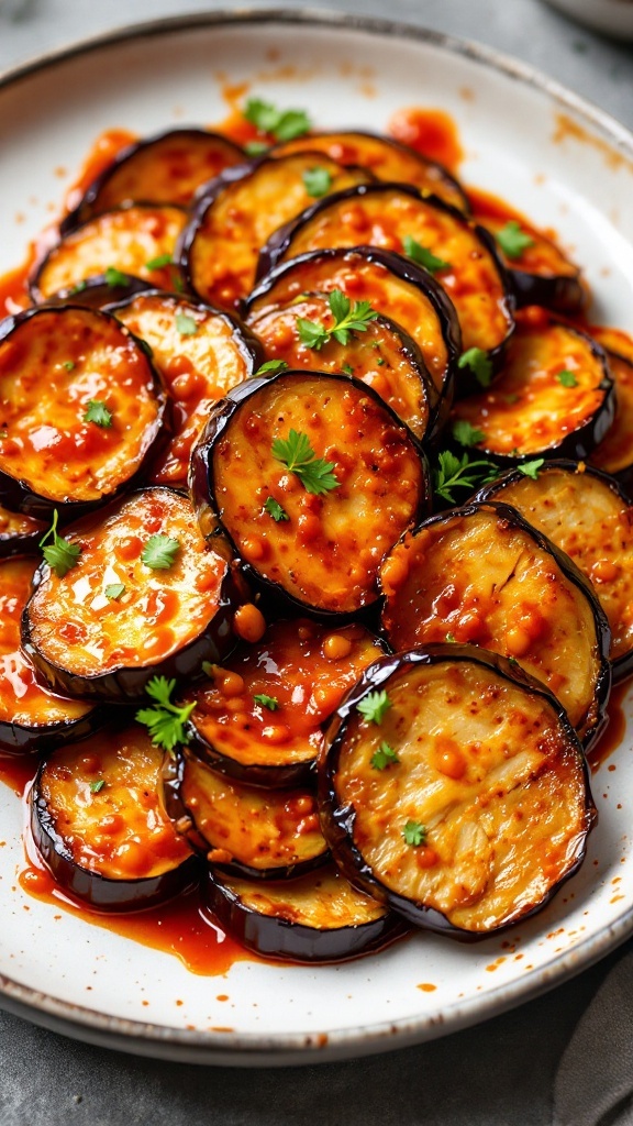 A plate of spicy gochujang eggplant garnished with herbs.