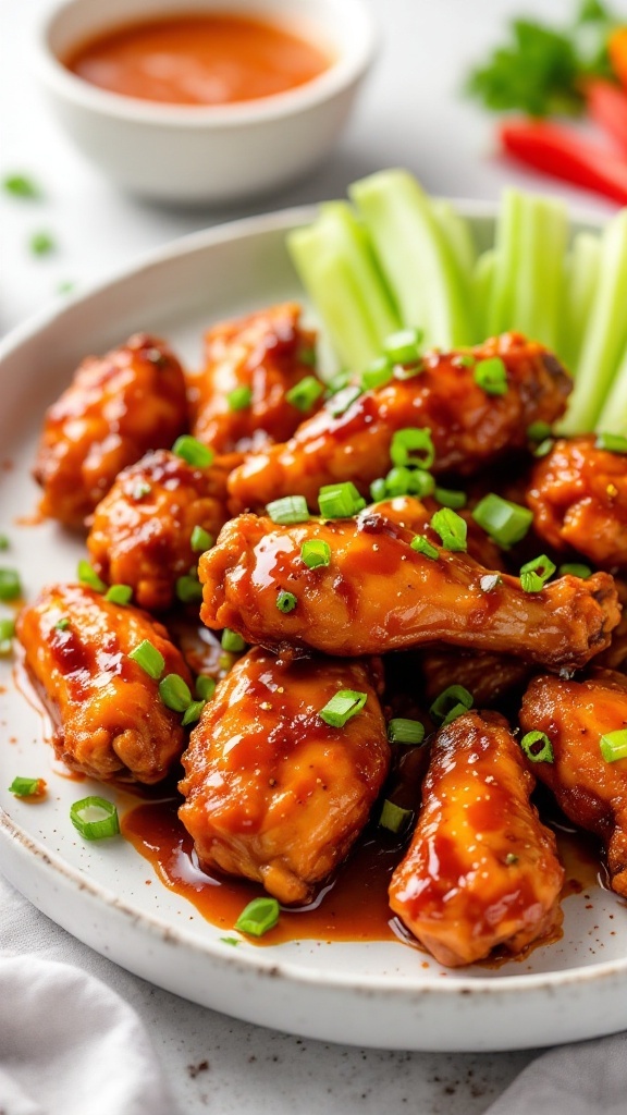 A plate of spicy gochujang glazed chicken wings garnished with green onions and served with celery sticks.