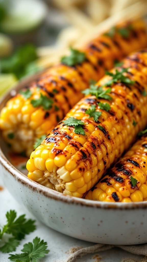 Delicious grilled corn coated with spicy gochujang sauce and garnished with cilantro