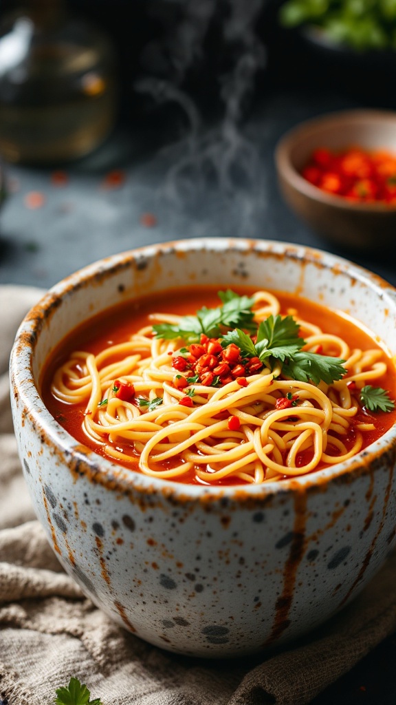 A bowl of spicy gochujang noodle soup with herbs and noodles.