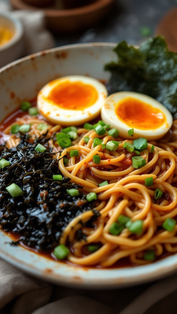 A bowl of spicy kimchi ramen with soft-boiled eggs and green onions.