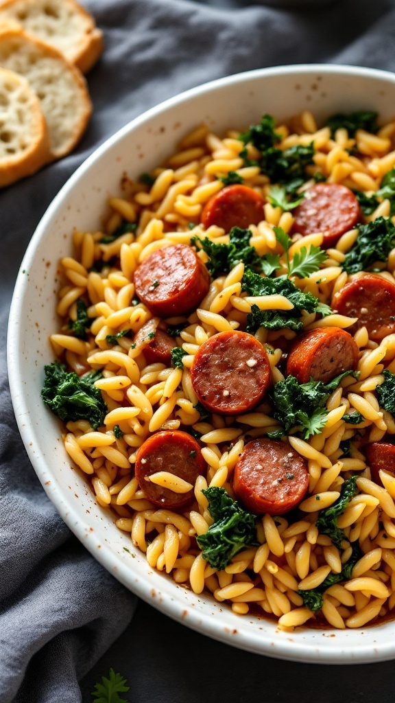 A delicious bowl of spicy orzo with sausage and kale garnished with parsley.