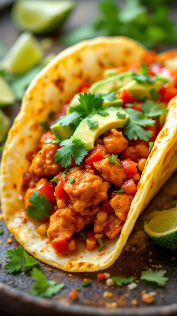 Delicious spicy salsa chicken tacos with toppings