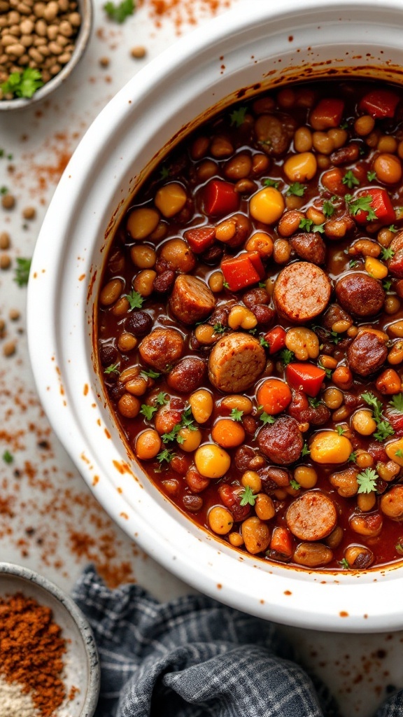 A hearty bowl of spicy sausage and lentil chili in a crockpot.