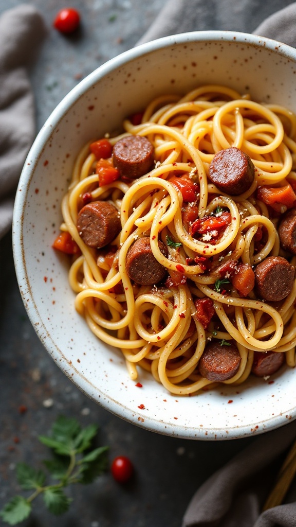 A plate of Spicy Sausage and Peppers Pasta garnished with fresh parsley.