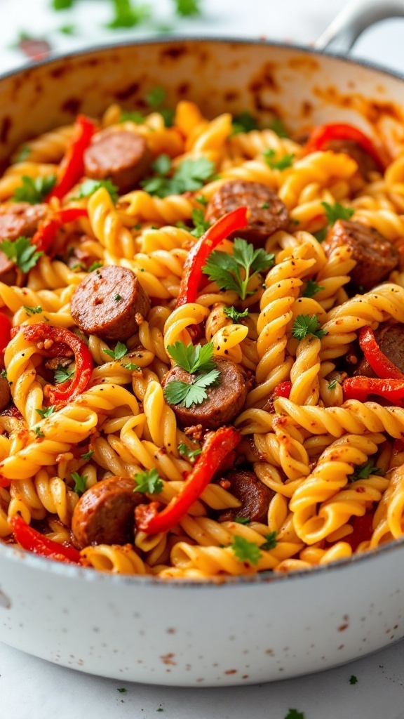 A bowl of spicy sausage and peppers pasta with colorful bell peppers and sausage slices.