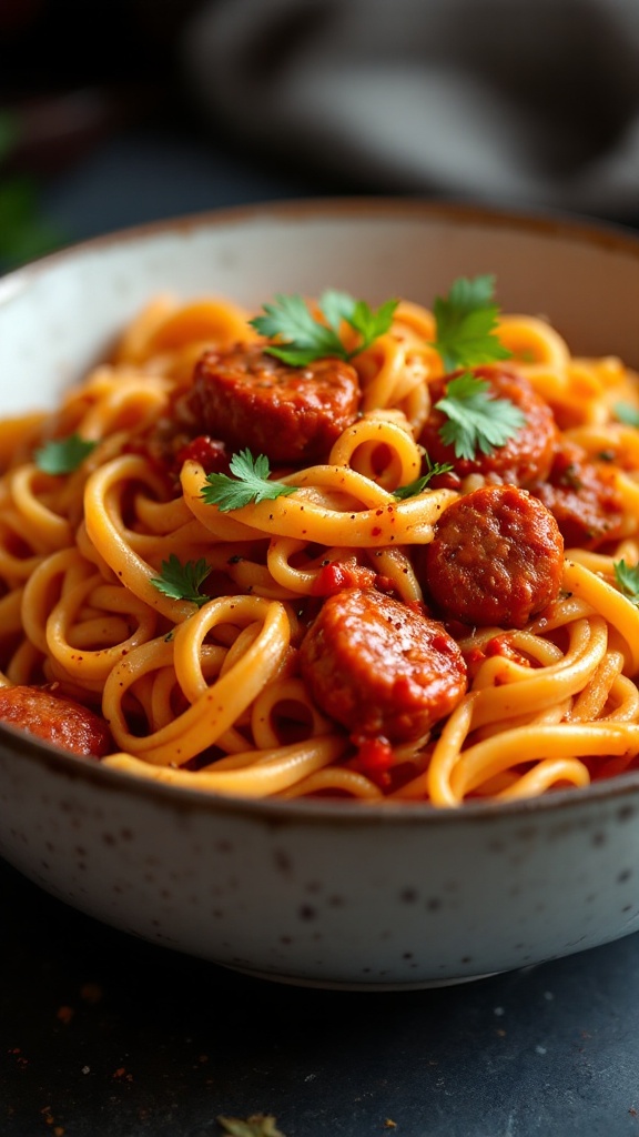 A plate of spicy sausage arrabbiata pasta garnished with basil.