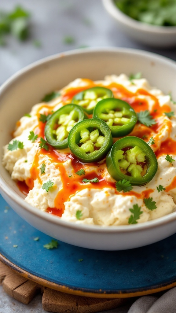 A spicy cottage cheese bowl with Sriracha and jalapeño slices