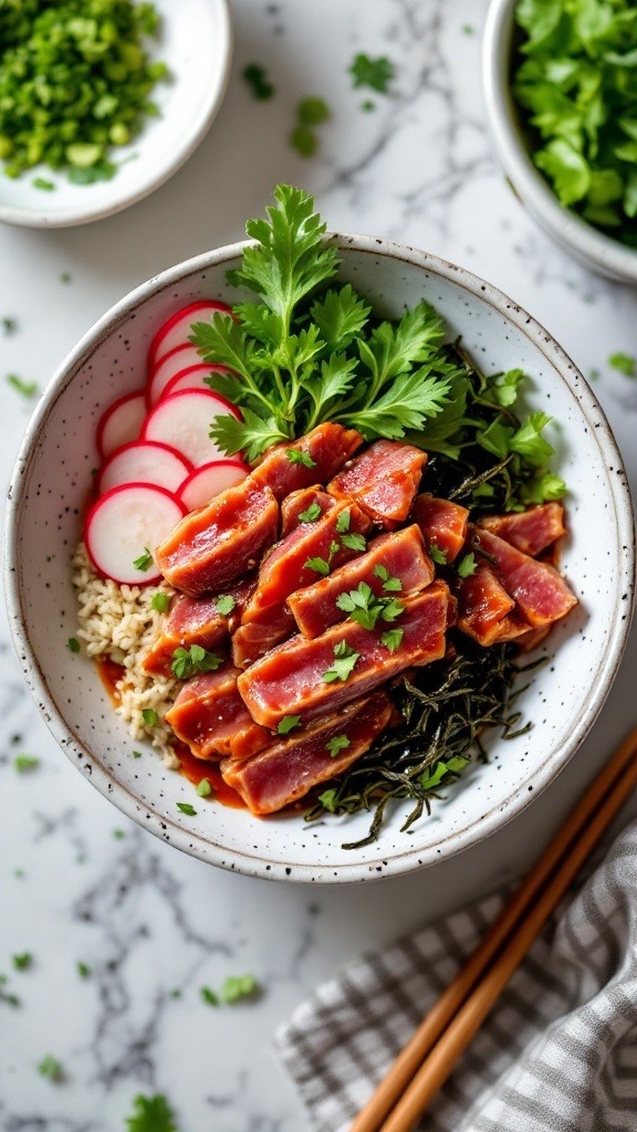 A vibrant Spicy Tuna Poke Bowl featuring marinated tuna, sushi rice, avocado, radishes, and fresh herbs.