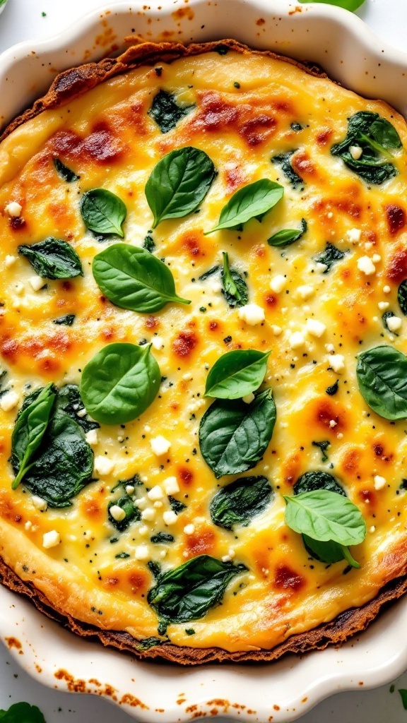 A delicious spinach and feta cottage cheese quiche topped with fresh basil leaves.