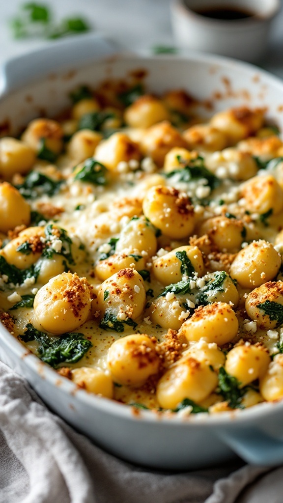 A delicious Spinach and Feta Gnocchi Bake with golden cheese and spinach.