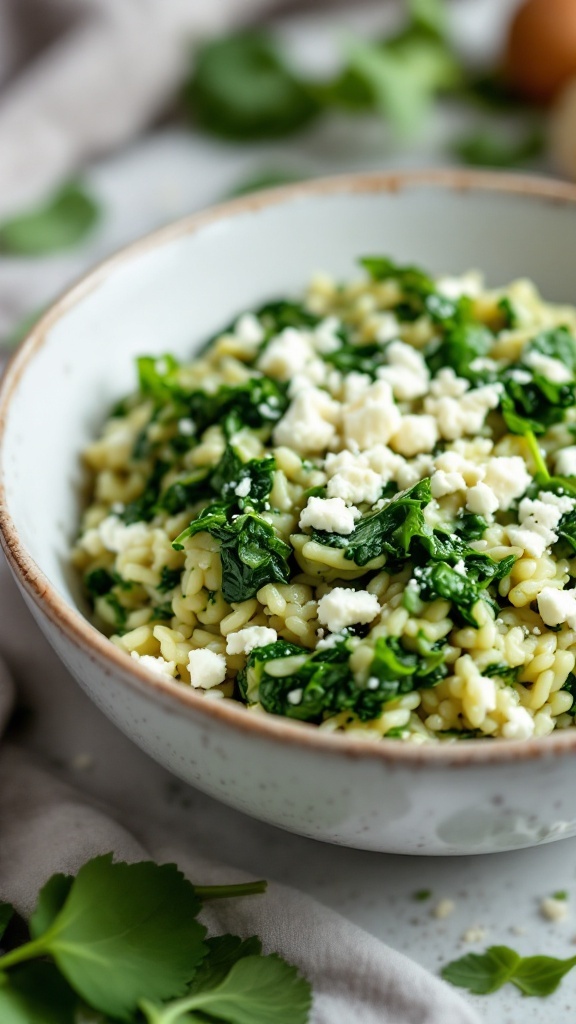 A bowl of Spinach and Feta Risotto topped with crumbled feta cheese and fresh spinach.
