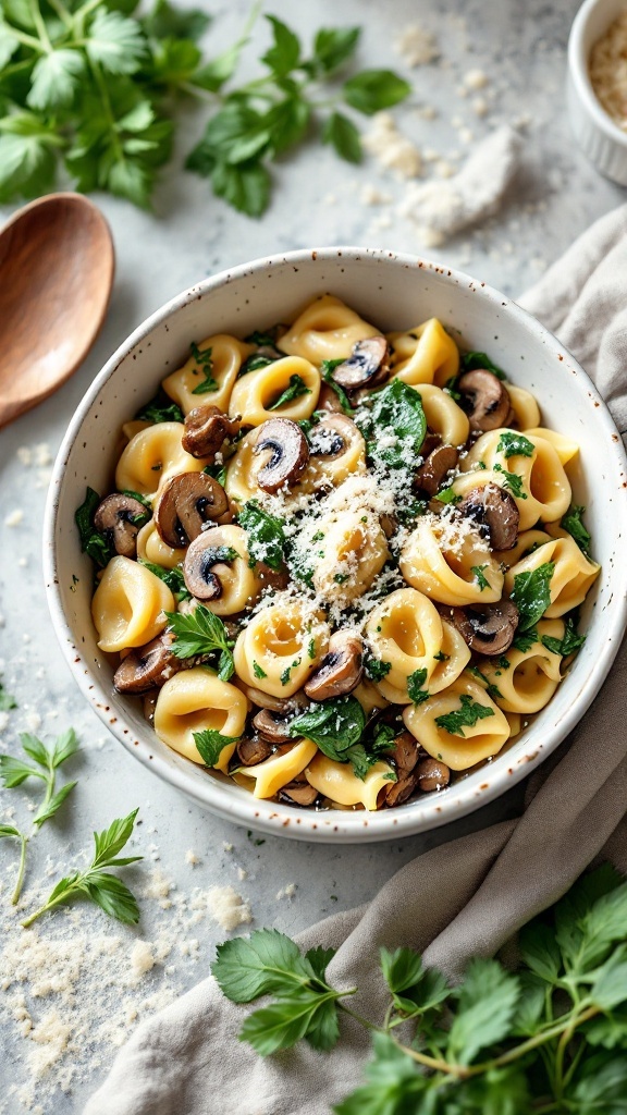 A bowl of spinach and mushroom tortellini garnished with parsley and Parmesan cheese.