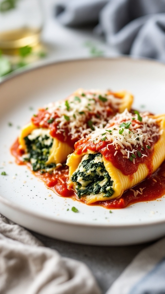 Plate of spinach and ricotta stuffed shells topped with marinara sauce and cheese