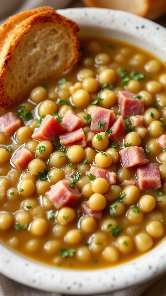 A bowl of split pea soup with diced ham, garnished with parsley and served with bread.