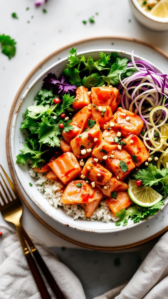 A colorful Sriracha Salmon Sushi Bowl with salmon, greens, and garnishes.
