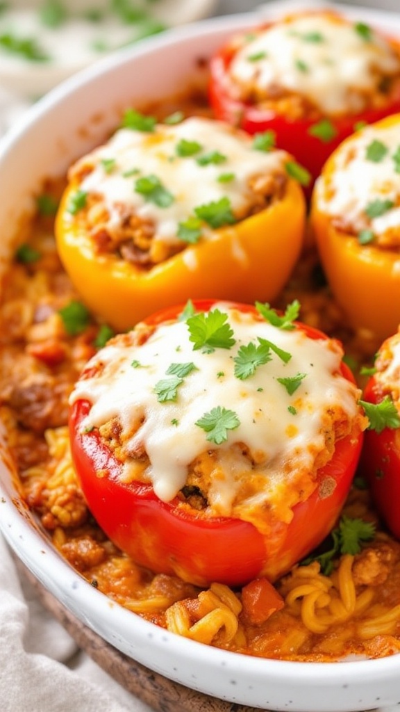 Stuffed bell peppers casserole with melted cheese on top