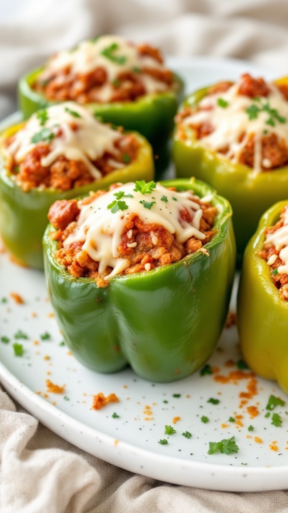 Stuffed bell peppers filled with meatball mixture and topped with melted cheese