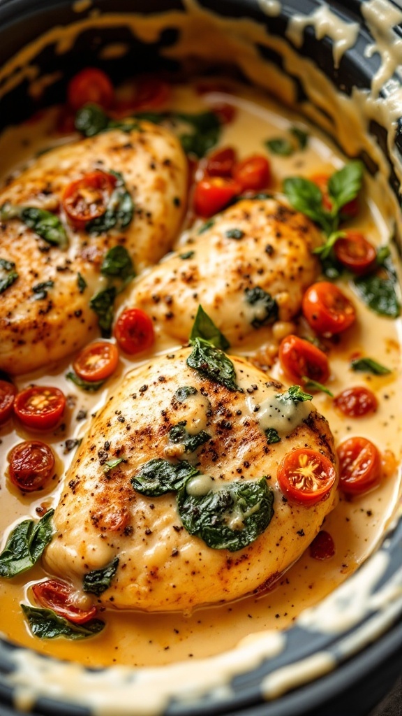 Crockpot chicken breast with sundried tomatoes and spinach in creamy sauce