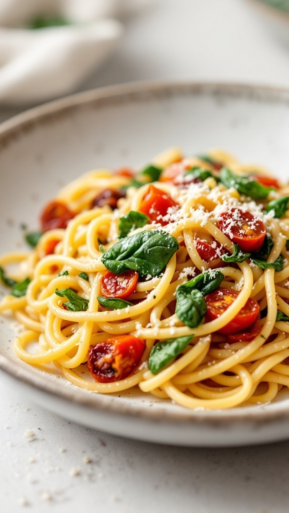 A plate of pasta topped with sundried tomatoes and fresh spinach.