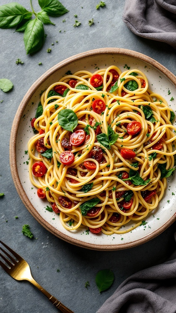 A delicious plate of Sundried Tomato and Spinach Pasta with fresh basil.
