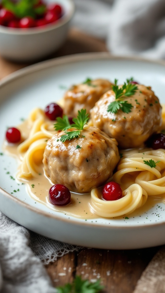 A plated dish of Swedish meatballs with creamy sauce served over pasta, garnished with parsley and cranberries.