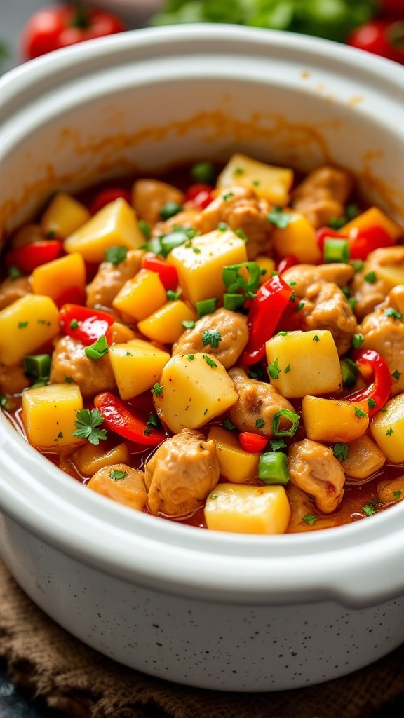 A bowl of sweet and sour chicken with pineapple and bell peppers