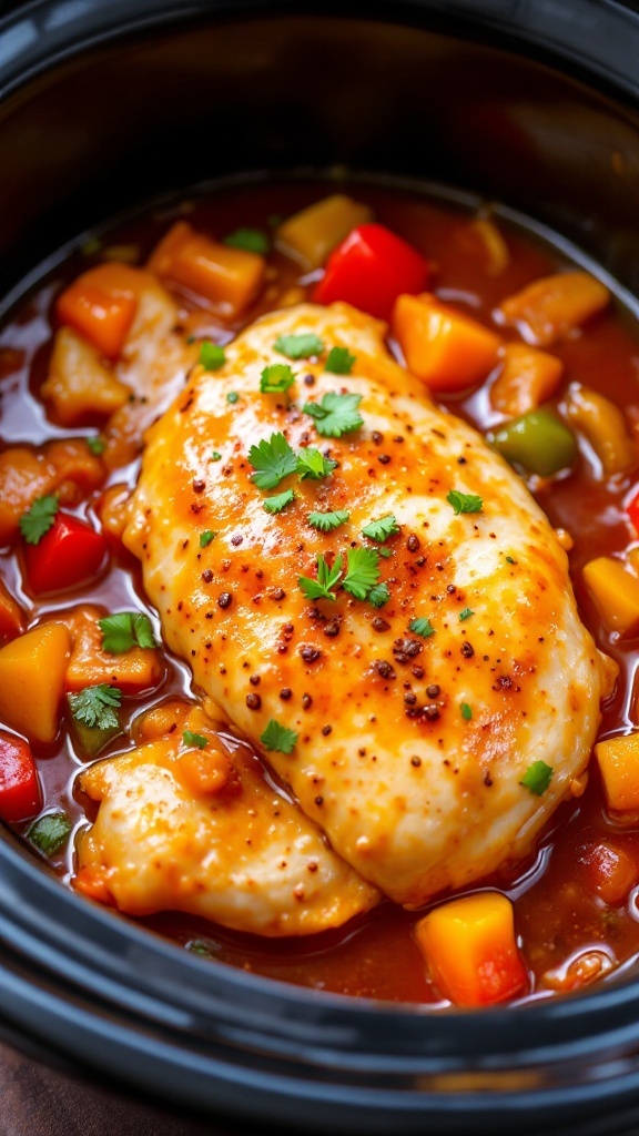 A bowl of sweet and sour chicken with vibrant vegetables in a delicious sauce.