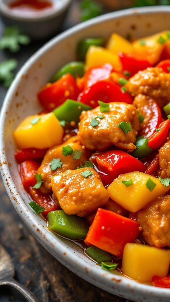 A bowl of sweet and sour chicken with colorful bell peppers and pineapple