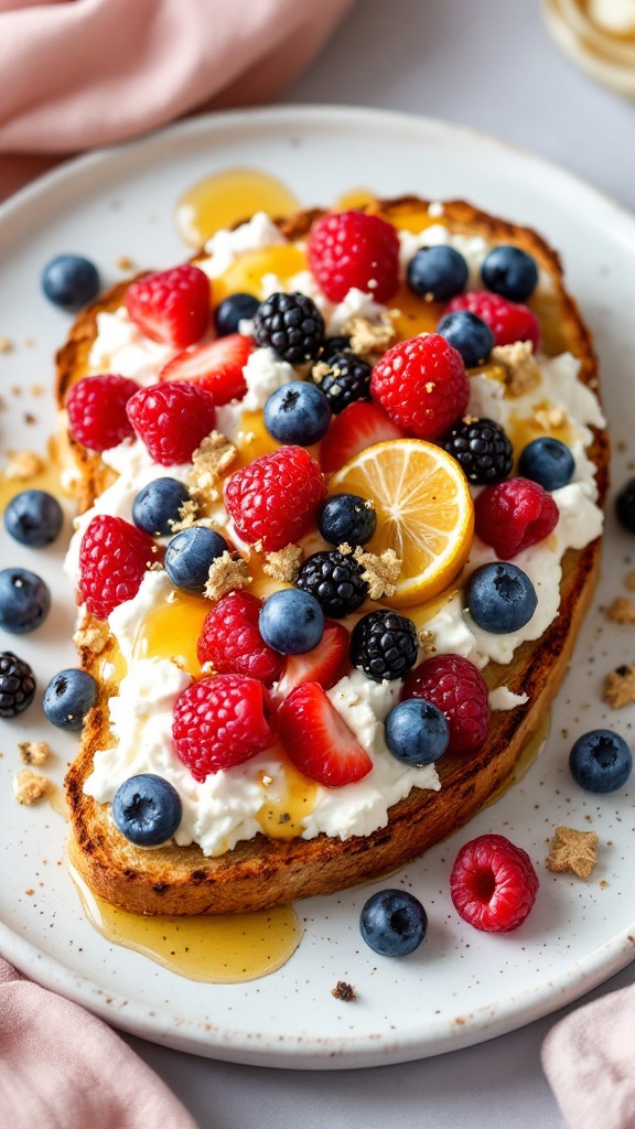 Delicious sweet berry cottage cheese toast topped with honey and mint.