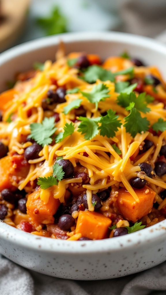 A hearty sweet potato and black bean casserole topped with cheese and fresh herbs.