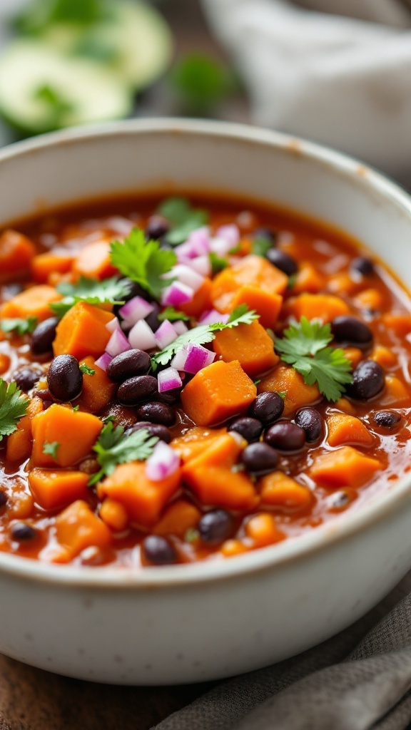 A bowl of sweet potato and black bean chili topped with cilantro and red onion.