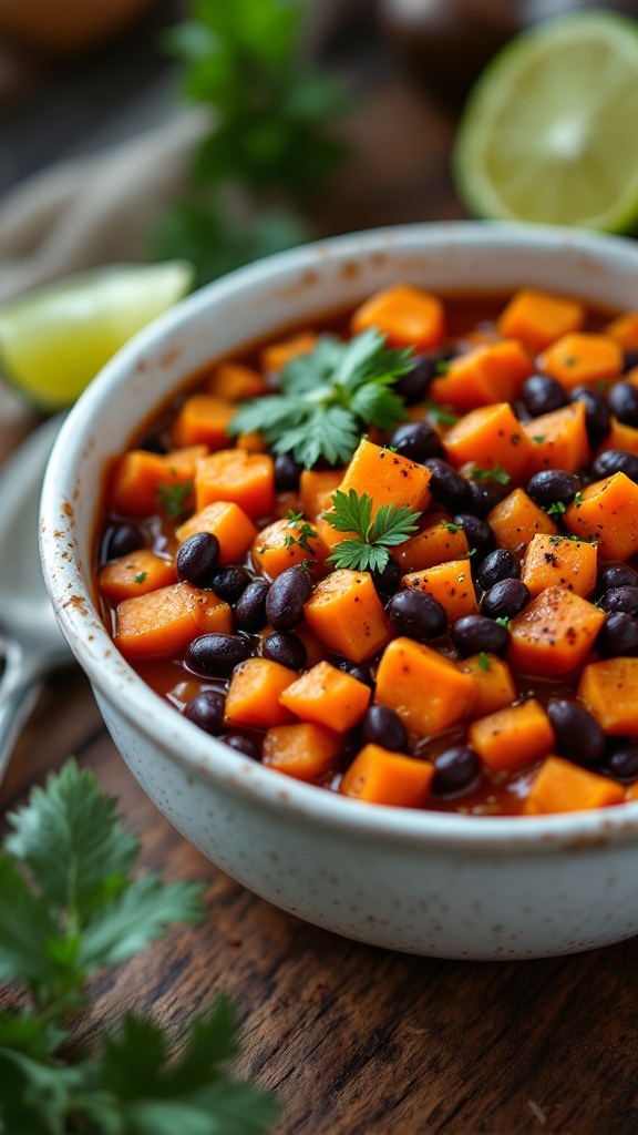 Bowl of sweet potato and black bean stew garnished with cilantro