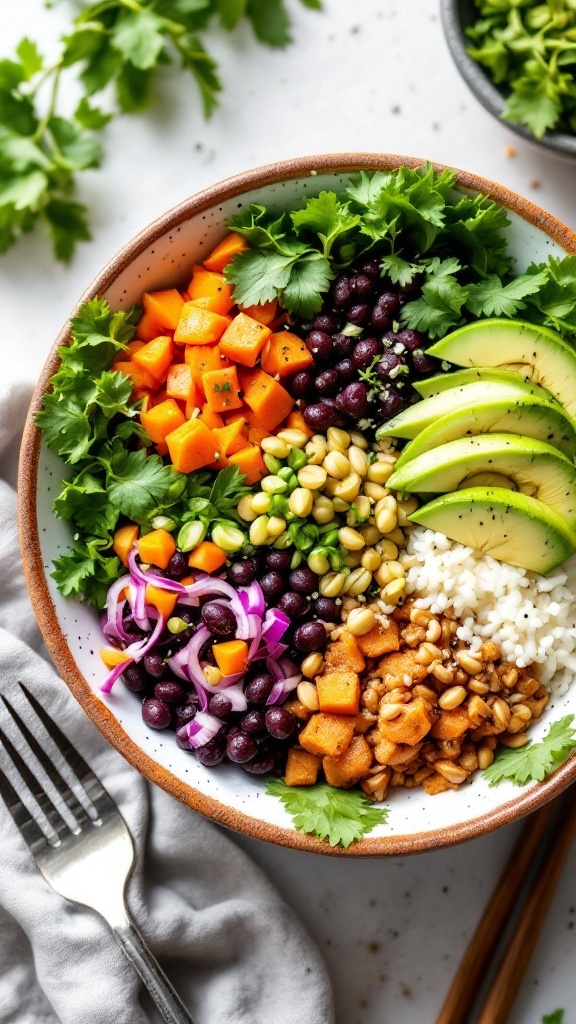 A colorful Sweet Potato and Black Bean Sushi Bowl with various toppings.