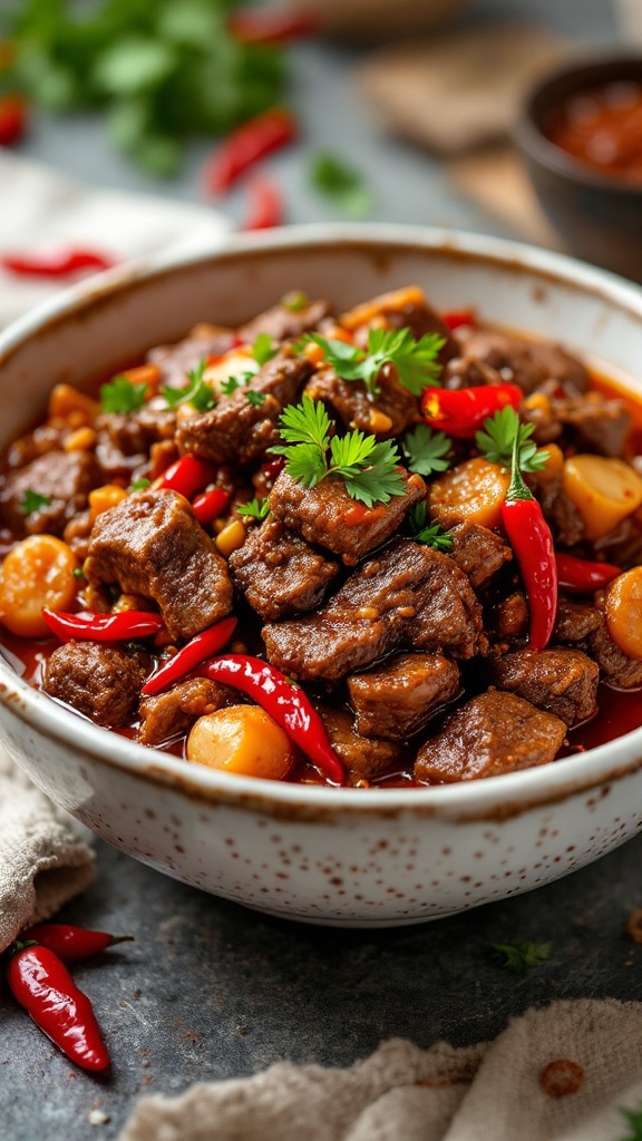 A bowl of Szechuan Beef with red peppers, garnished with green onions