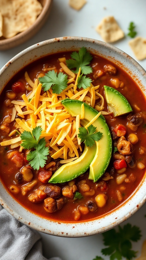A bowl of taco soup topped with avocado slices and cheese