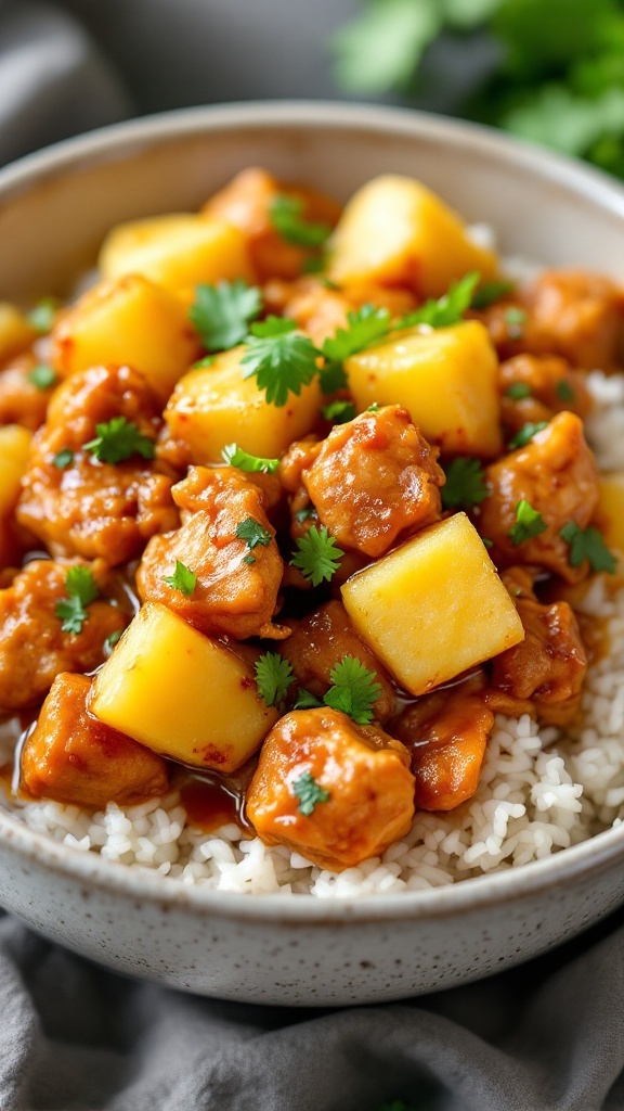 A bowl of teriyaki chicken with pineapple on rice, garnished with cilantro.