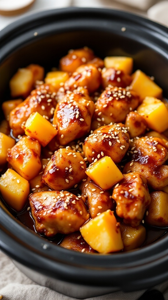 A bowl of Teriyaki Chicken with Pineapple, featuring chicken pieces and pineapple chunks in a rich sauce.