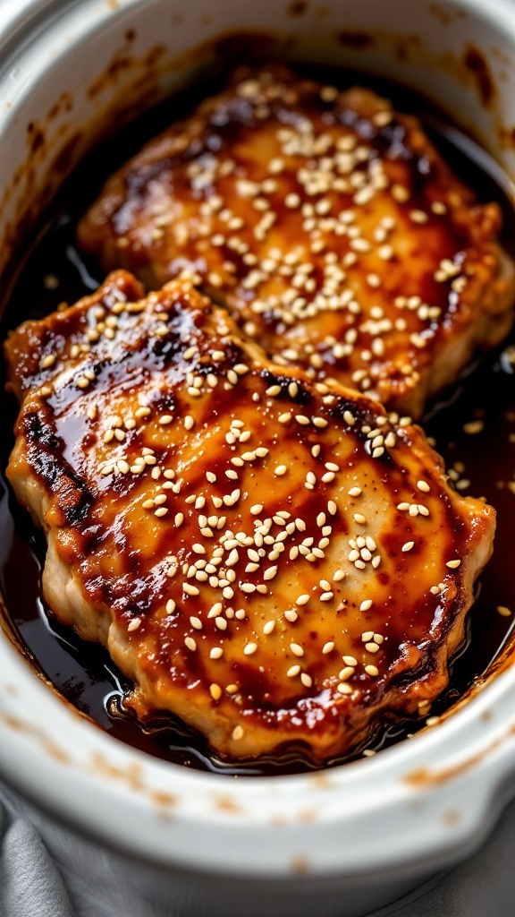 Delicious teriyaki pork chops with sesame seeds