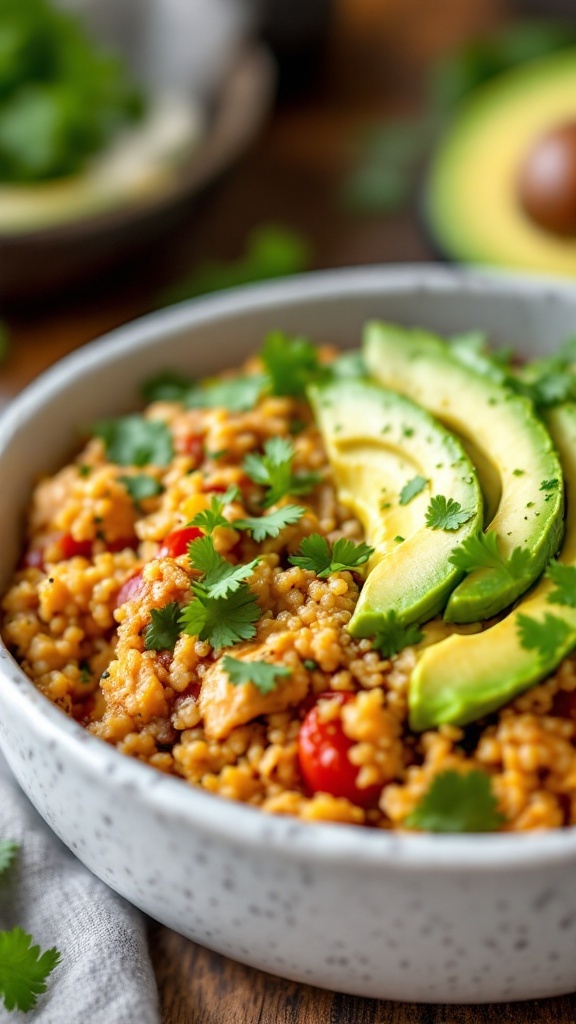 A bowl of Tex-Mex Chicken and Quinoa Casserole topped with avocado and cilantro.