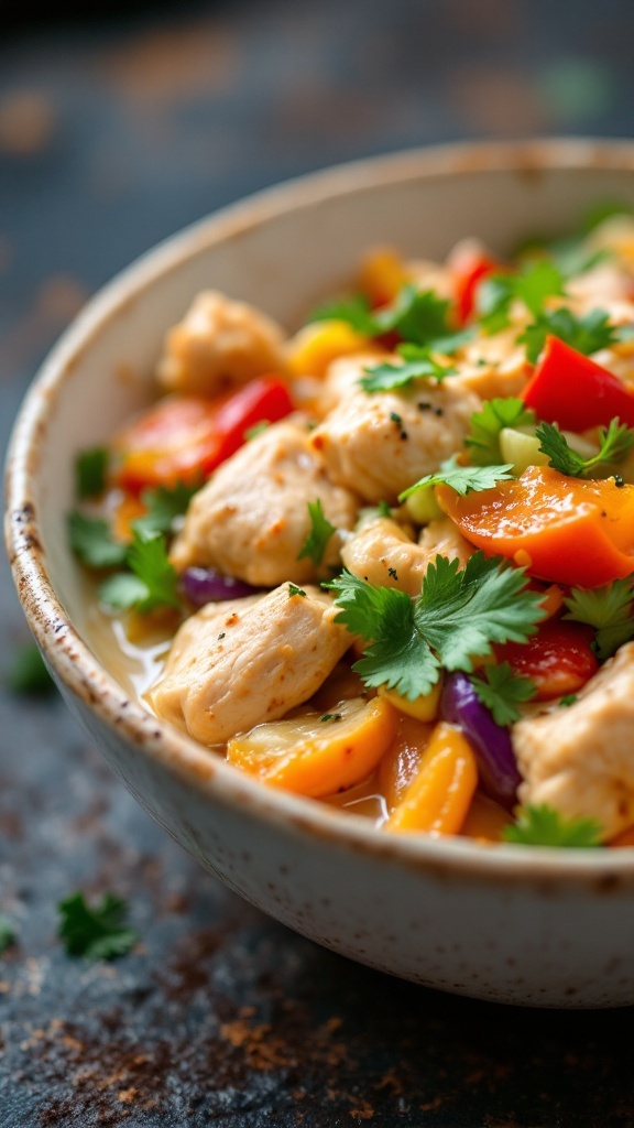 A bowl of Thai Coconut Chicken with colorful vegetables and herbs